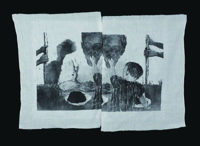art, contemporary art, lithography on cotton cloth, diaper cloth, black and white, monochrome